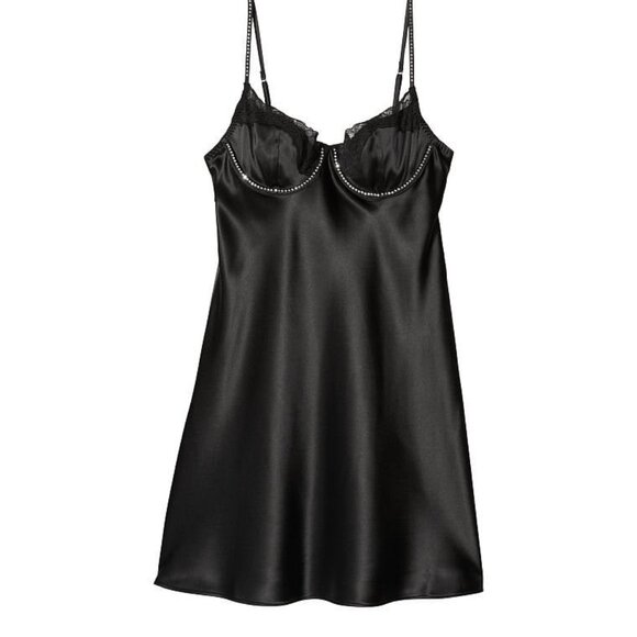 Victoria’s Secret Satin & Lace Embellished Cupped Mini Slip Dress Black Small - Picture 6 of 10